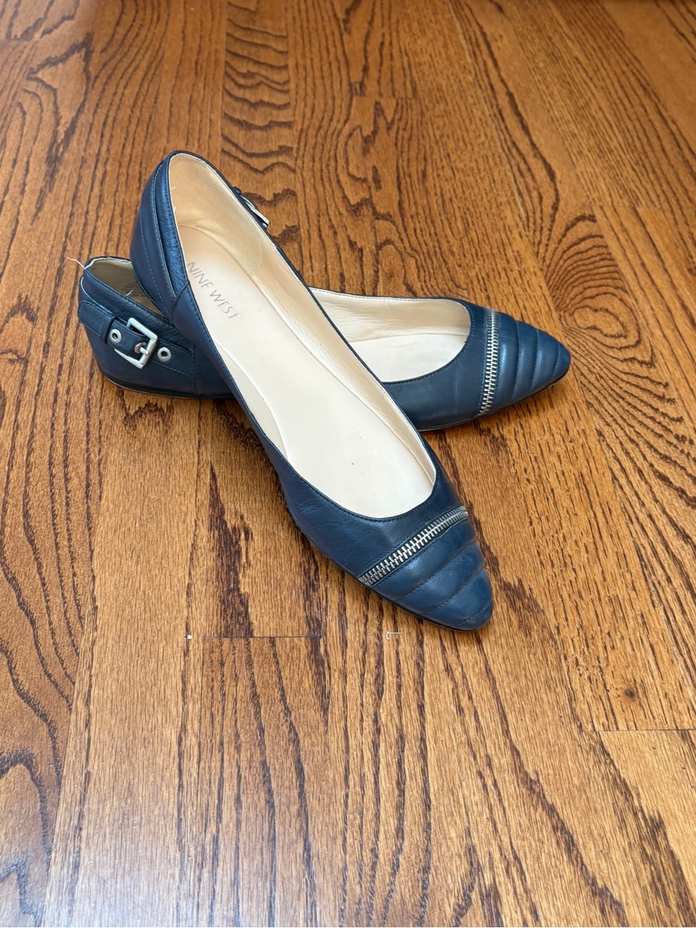 Nine West Navy Blue Leather Pointed Toe Flats with Decorative Silver Buckle